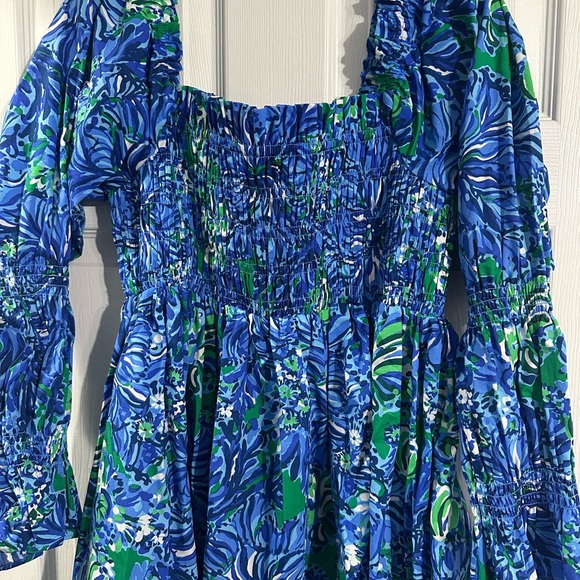 Lilly Pulitzer Blue and Green Smocked Tiered Sundress with Long Bishop Sleeves - Picture 2 of 3